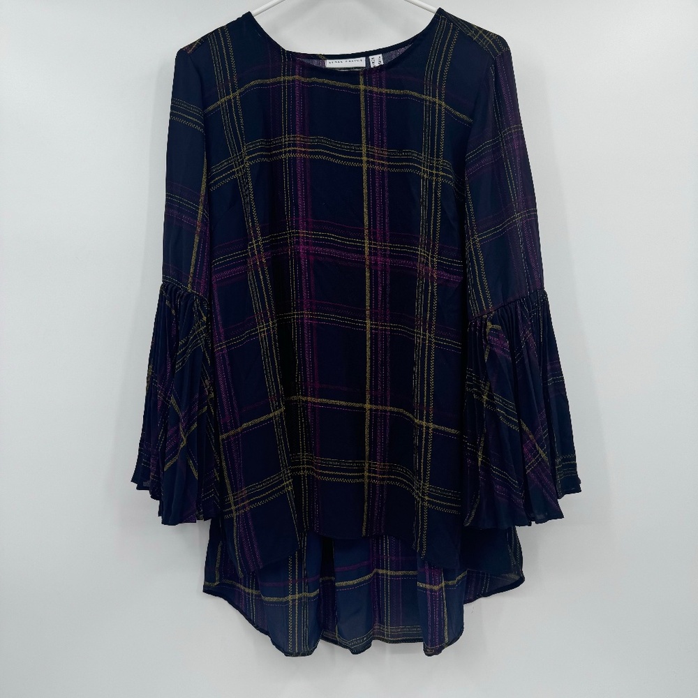 Susan Graver Top Women 6 Blue Plaid Sheer Long Bell Sleeves Pleated Tunic Office